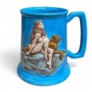 Vintage 1978 Ceramic Turquoise Mug – Cheeky Nude Lady + Dog Design